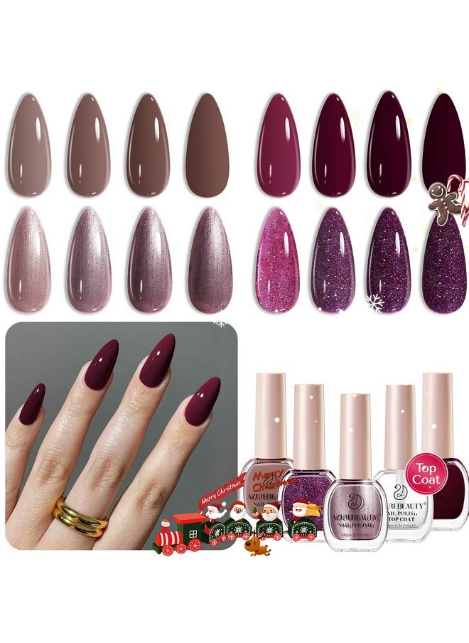 AZUREBEAUTY AZUREBEAUTY Nail Polish Set, 4 Colors Brown Purple Glitter Fall Winter Vegan Quick Dry Natural Nail Lacquer Strengthening Treatment Kit with Top Coat DIY Salon at Home  - Image 1
