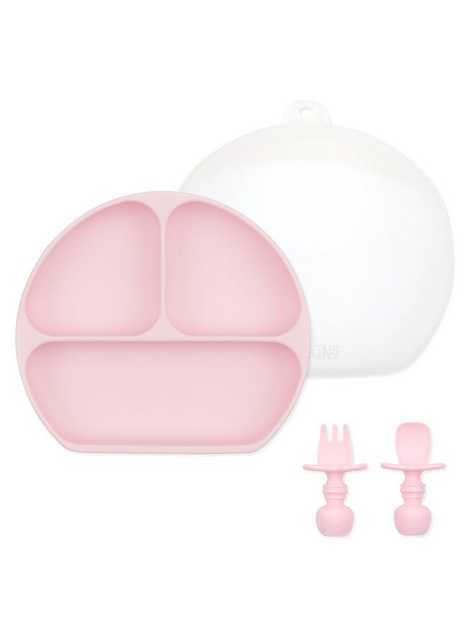 Bumkins Silicone Grip Dish 3-Section, Silicone Training Chewtensils & Lid, Pink - Image 1