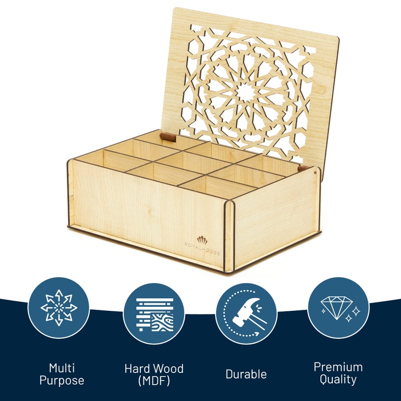 Royalhouse Premium Wood (Hard Mdf) Tea Storage Box Organizer (White)  Eco-Friendly Multi-Functional Decorative Box  9 Compartments For Assorted Variety Of Tea Bags And Small Items - Image 2