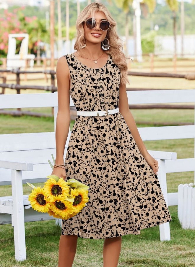 zeagoo Womens Casual Dress for Summer Tank Dress Loose Flowy Beach Dress with Pockets Pleated Flare Midi Sundress 2026, Beige, L - Image 3