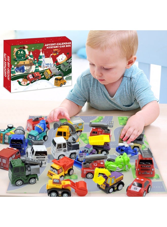 HALAMODO 24PCS Holiday Advent Calendar Blind Box Pull Back Alloy Cars Set , Fire Truck Police Car Construction Vehicle Toys , Surprise Gift For Kids Boys Girls ,Open One Daily Behind Each Number Of Pull Back Alloy Cars，35*4.5*27 cm - Image 2