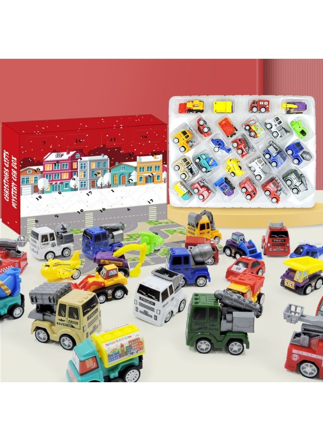 HALAMODO 24PCS Holiday Advent Calendar Blind Box Pull Back Alloy Cars Set , Fire Truck Police Car Construction Vehicle Toys , Surprise Gift For Kids Boys Girls ,Open One Daily Behind Each Number Of Pull Back Alloy Cars，35*4.5*27 cm - Image 4