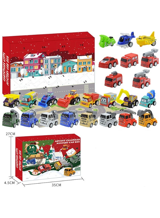 HALAMODO 24PCS Holiday Advent Calendar Blind Box Pull Back Alloy Cars Set , Fire Truck Police Car Construction Vehicle Toys , Surprise Gift For Kids Boys Girls ,Open One Daily Behind Each Number Of Pull Back Alloy Cars，35*4.5*27 cm - Image 5