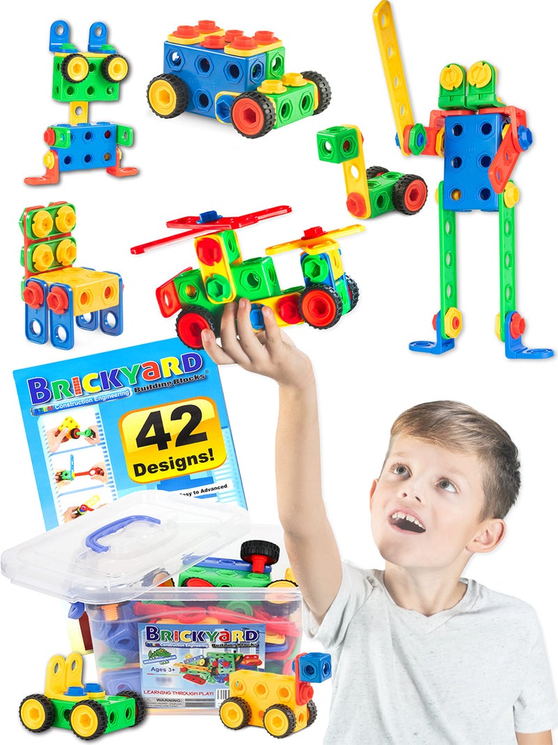 Brickyard Building Blocks STEM Toys - Educational Building Toys for Kids Ages 4-8 with 101 Pieces, Tools, Design Guide and Toy Storage Box, Gift for Boys & Girls - Image 1