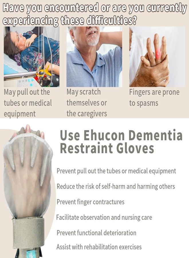 Ehucon Dementia Restraint Gloves-2Pcs,Bed Restraints Control Mitts,Safety Hand Gloves for Elderly/Dementia Patients,Anti Scratch Gloves to Prevent Scratching Harm - Image 2