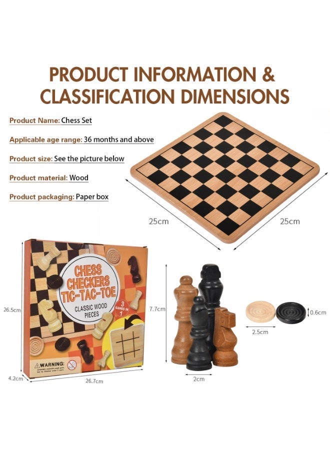 DMG TECH Wooden Chess Set, 3-in-1 Chess Board Games Chess Board, Chess&Checkers, Tic-tac-toe, PortableTravel Chess Board Game Sets for Adults and Kids - Image 3