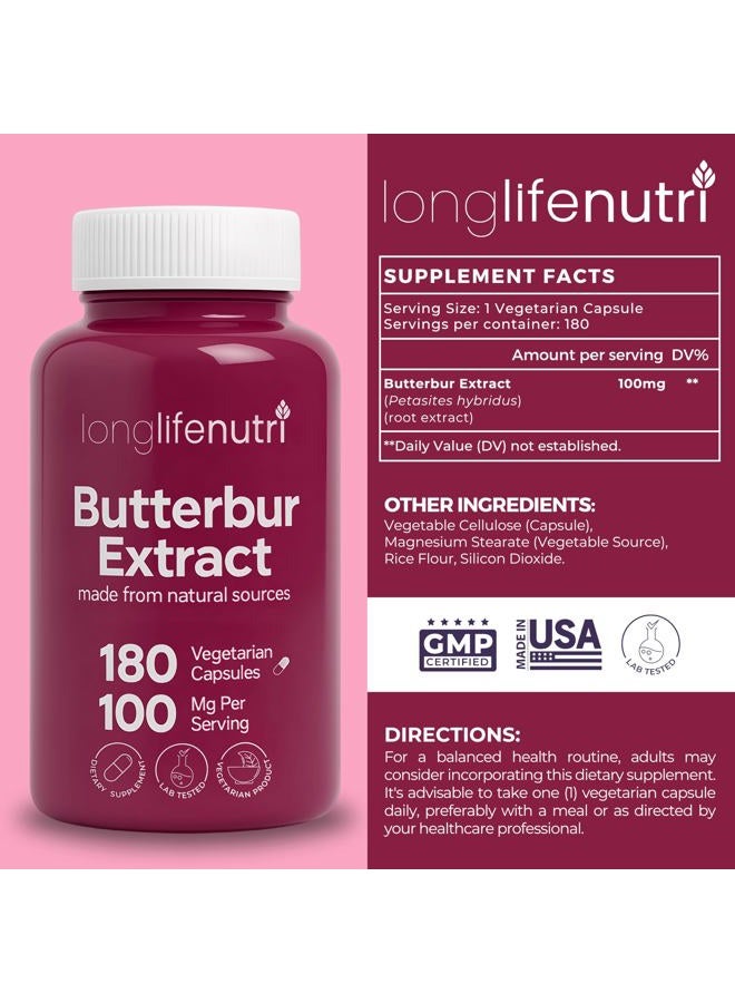 LongLifeNutri Butterbur Extract 100mg 180 Vegetarian Capsules | Made in USA | Natural Headache Supplement | Migraine and Allergy Relief | Supports Healthy Bladder and Inflammation | 100 mg Pure Powder Pill Formula - Image 2