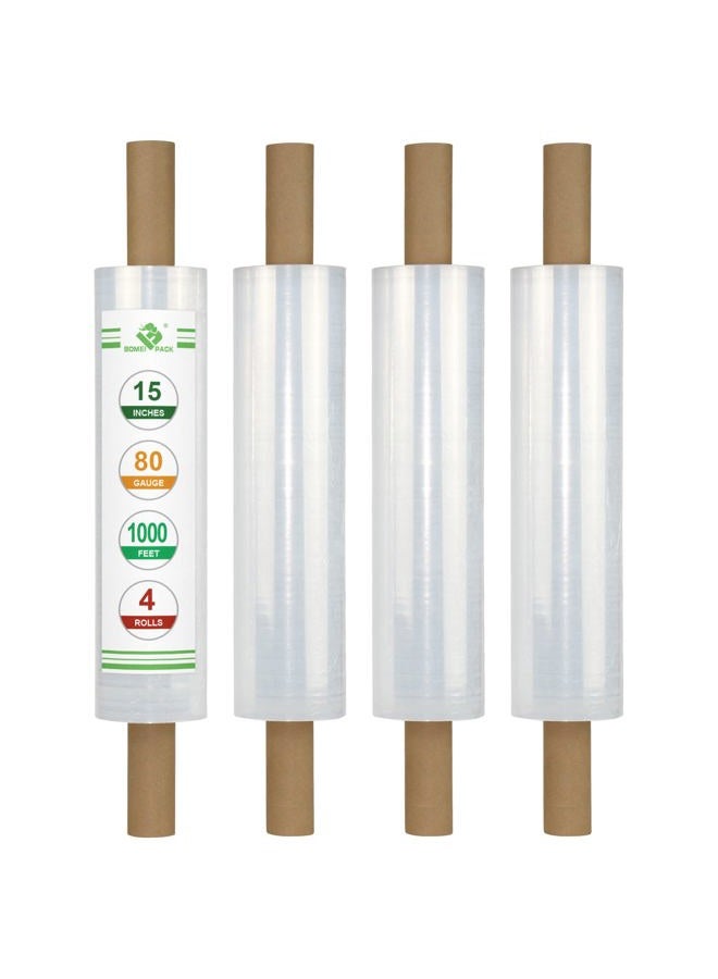 BOMEI PACK 4 Stretch Film Wrap - Industrial Clear Plastic Stretch Wrap 1000 Feet 80 Gauge with Handle, Pallet Wrap for ing, Moving Supplies, ing Wrap Plastic Roll, - Image 1
