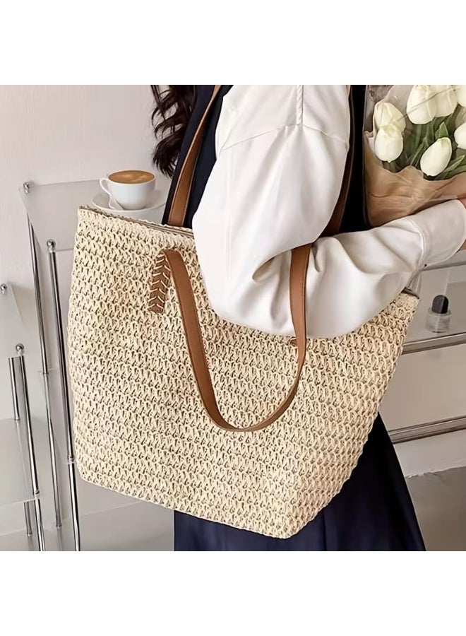 Beach Bags Straw Large Tote with Full Zip & Lining for Women Beige | Beach Bag for Ladies with Zipper Closure | Woven Raffia Beach Tote with PU Leather Shoulder Straps | Summer Shoulder Bag for Women | Large Capacity Travel Tote, Shopping Bag, Vacation Bag, Holiday Bag, Resort Bag | Boho Woven Handbag with Inner Lining | Lightweight Natural Straw Summer Bag | Ladies Handbag | Casual Tote Bag | Pool Bag | Picnic Bag | Weekend Bag | Outdoor Bag | Everyday Carry Bag | Fashion Tote for Women | Beach Accessories | Vacation Essentials | Resort Wear Bag | Ladies Shoulder Bag | Travel Handbag | Large Shopper Tote | Eco Friendly Woven Bag | Lightweight Holiday Tote | Summer Fashion Bag | Women's Beach Carryall | Tablet Tote | Oversized Straw Bag | Elegant Bohemian Handbag, Beige - Image 2
