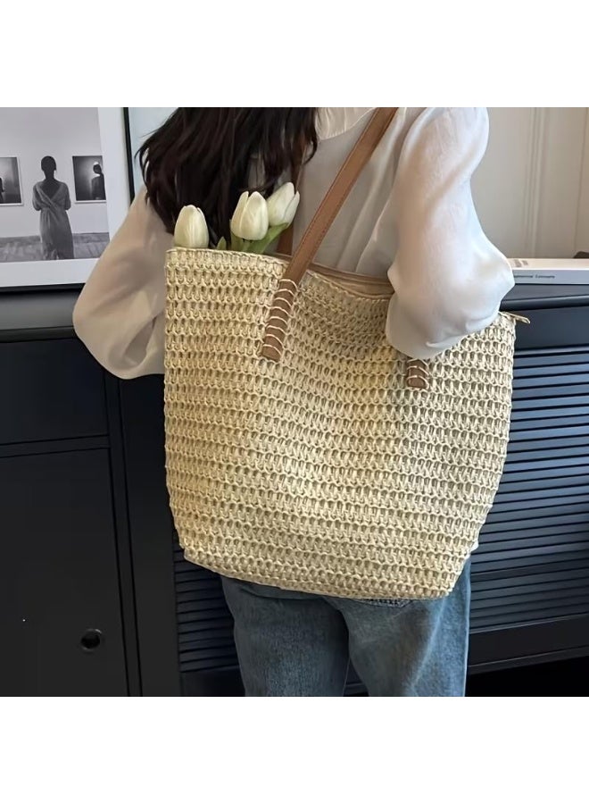 Beach Bags Straw Large Tote with Full Zip & Lining for Women Beige | Beach Bag for Ladies with Zipper Closure | Woven Raffia Beach Tote with PU Leather Shoulder Straps | Summer Shoulder Bag for Women | Large Capacity Travel Tote, Shopping Bag, Vacation Bag, Holiday Bag, Resort Bag | Boho Woven Handbag with Inner Lining | Lightweight Natural Straw Summer Bag | Ladies Handbag | Casual Tote Bag | Pool Bag | Picnic Bag | Weekend Bag | Outdoor Bag | Everyday Carry Bag | Fashion Tote for Women | Beach Accessories | Vacation Essentials | Resort Wear Bag | Ladies Shoulder Bag | Travel Handbag | Large Shopper Tote | Eco Friendly Woven Bag | Lightweight Holiday Tote | Summer Fashion Bag | Women's Beach Carryall | Tablet Tote | Oversized Straw Bag | Elegant Bohemian Handbag, Beige - Image 3