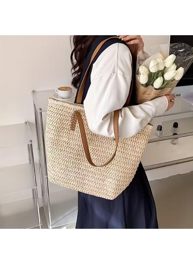 Beach Bags Straw Large Tote with Full Zip & Lining for Women Beige | Beach Bag for Ladies with Zipper Closure | Woven Raffia Beach Tote with PU Leather Shoulder Straps | Summer Shoulder Bag for Women | Large Capacity Travel Tote, Shopping Bag, Vacation Bag, Holiday Bag, Resort Bag | Boho Woven Handbag with Inner Lining | Lightweight Natural Straw Summer Bag | Ladies Handbag | Casual Tote Bag | Pool Bag | Picnic Bag | Weekend Bag | Outdoor Bag | Everyday Carry Bag | Fashion Tote for Women | Beach Accessories | Vacation Essentials | Resort Wear Bag | Ladies Shoulder Bag | Travel Handbag | Large Shopper Tote | Eco Friendly Woven Bag | Lightweight Holiday Tote | Summer Fashion Bag | Women's Beach Carryall | Tablet Tote | Oversized Straw Bag | Elegant Bohemian Handbag, Beige - Image 4