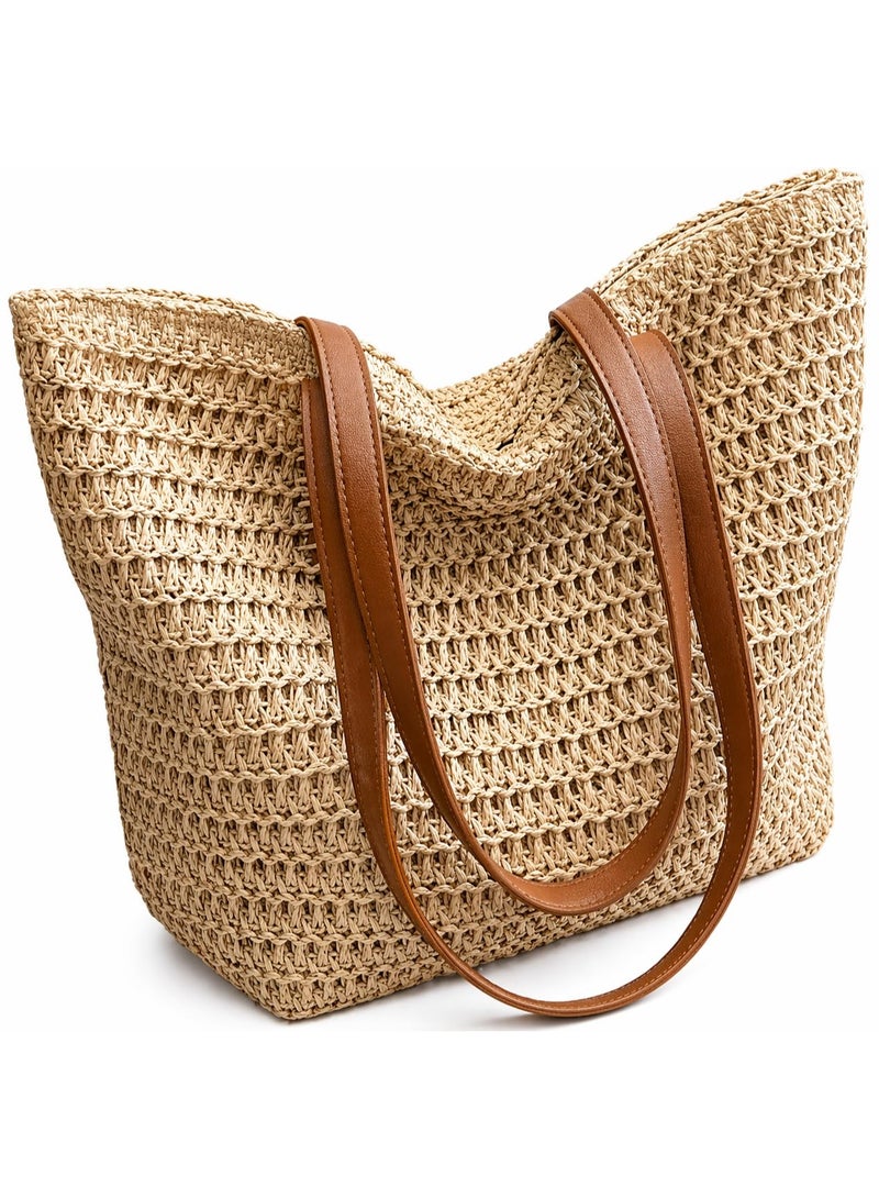 Beach Bags Straw Large Tote with Full Zip & Lining for Women Beige | Beach Bag for Ladies with Zipper Closure | Woven Raffia Beach Tote with PU Leather Shoulder Straps | Summer Shoulder Bag for Women | Large Capacity Travel Tote, Shopping Bag, Vacation Bag, Holiday Bag, Resort Bag | Boho Woven Handbag with Inner Lining | Lightweight Natural Straw Summer Bag | Ladies Handbag | Casual Tote Bag | Pool Bag | Picnic Bag | Weekend Bag | Outdoor Bag | Everyday Carry Bag | Fashion Tote for Women | Beach Accessories | Vacation Essentials | Resort Wear Bag | Ladies Shoulder Bag | Travel Handbag | Large Shopper Tote | Eco Friendly Woven Bag | Lightweight Holiday Tote | Summer Fashion Bag | Women's Beach Carryall | Tablet Tote | Oversized Straw Bag | Elegant Bohemian Handbag, Beige - Image 1