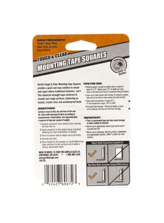 Gorilla Tough & Clear Double Sided Mounting Tape Squares 24 1 Pre-Cut Clear Pack Of 1 - 6067201  - Image 2