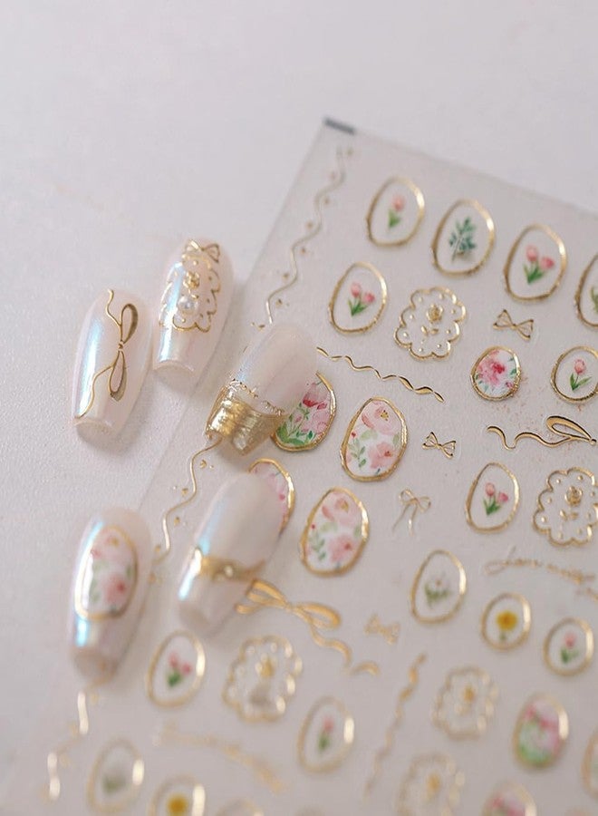 ملصقات أظافر زهور 2 قطعة لفن الأظافر ملصقات أظافر ذهبية على شكل قوس لفن الأظافر ربيع صيف ملصقات أظافر ثلاثية الأبعاد زهور ذهبية لوازم الأظافر ذاتية اللصق ملصق تصميم زهور الورد للنساء والفتيات للتزيين - Image 1