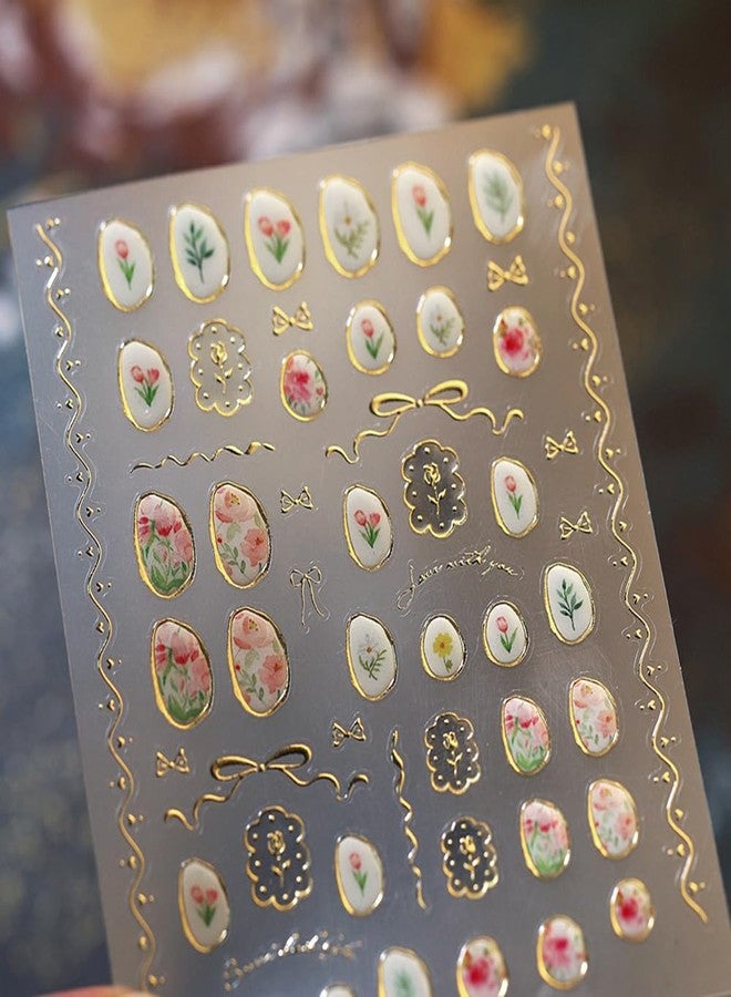 ملصقات أظافر زهور 2 قطعة لفن الأظافر ملصقات أظافر ذهبية على شكل قوس لفن الأظافر ربيع صيف ملصقات أظافر ثلاثية الأبعاد زهور ذهبية لوازم الأظافر ذاتية اللصق ملصق تصميم زهور الورد للنساء والفتيات للتزيين - Image 3