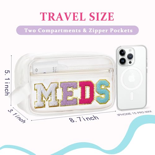 COSHAYSOO Clear MEDS Bag Medicine Zipper Pouch with Preppy Chenille Letter Patch, Small Medication Drug Pills Travel Storage Case Cute Traveling Accessories Organizer Gift for Women Teen Girls - Image 2