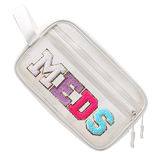 COSHAYSOO Clear MEDS Bag Medicine Zipper Pouch with Preppy Chenille Letter Patch, Small Medication Drug Pills Travel Storage Case Cute Traveling Accessories Organizer Gift for Women Teen Girls - Image 1