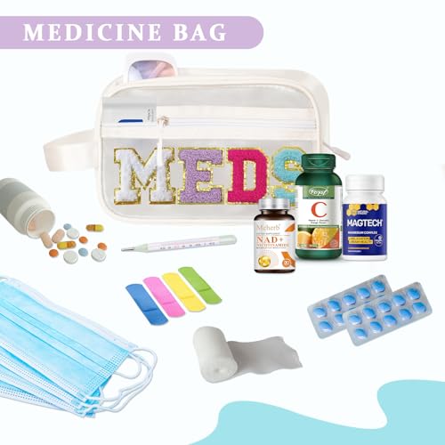 COSHAYSOO Clear MEDS Bag Medicine Zipper Pouch with Preppy Chenille Letter Patch, Small Medication Drug Pills Travel Storage Case Cute Traveling Accessories Organizer Gift for Women Teen Girls - Image 3