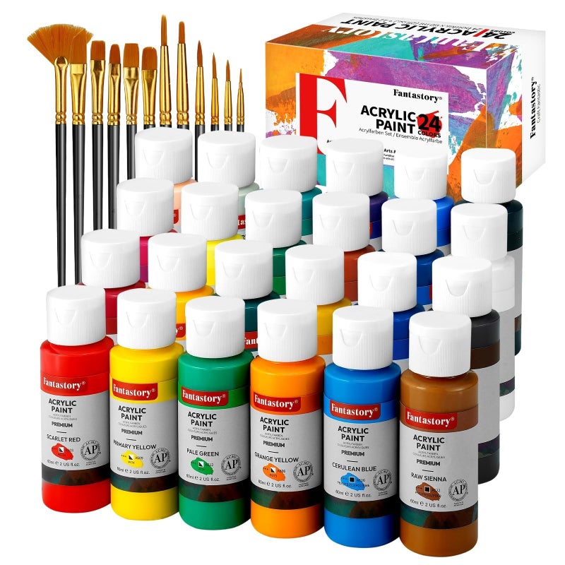 Fantastory Acrylic Paint Set, 24 x 60 ml with 12 Brushes; Christmas Acrylic Paint, Waterproof; For Artwork & DIY Projects on Canvas, Wood, Glass, Clay, Fabric, Ceramic, Paper, Canvas - Image 1