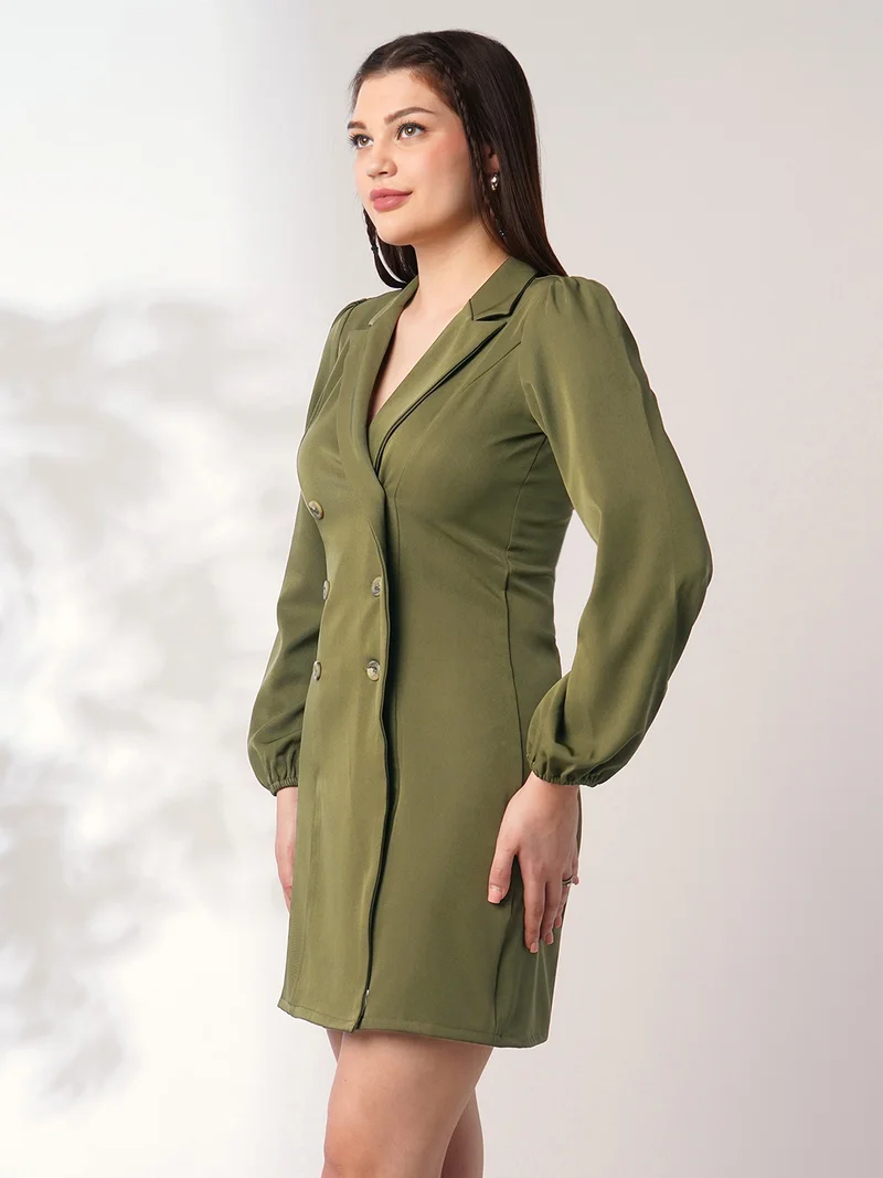 globus Globus Women Green Peak Lapel Bishop Sleeves Button Detail Mini Workwear Blazer Dress