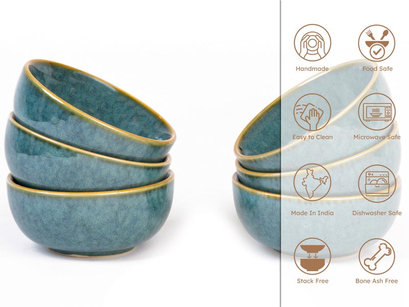 Bodhi House Ceramic Bowls Set of 6 (180ml) for Serving Vegetable, Dal, Cereal, Mixing Bowl for Snack, Microwave and Dishwasher Safe, Perfect for Dining and Gifting, Ocean Green - Image 5
