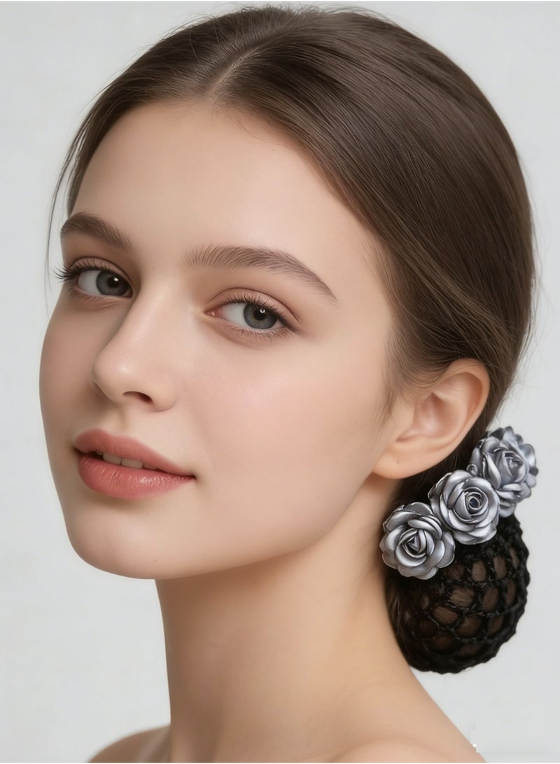 LLASIDO 4 pcs Elegant Rose Hair Bun Net with Floral Headpiece - Image 5