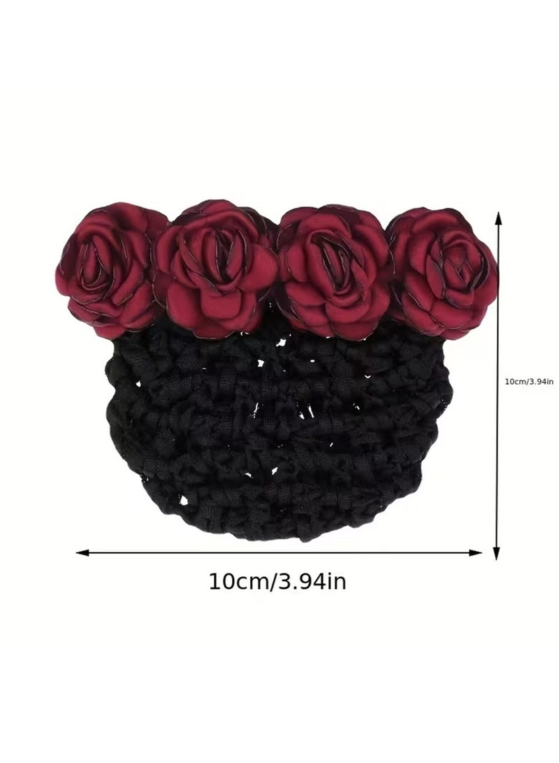 LLASIDO 4 pcs Elegant Rose Hair Bun Net with Floral Headpiece - Image 2