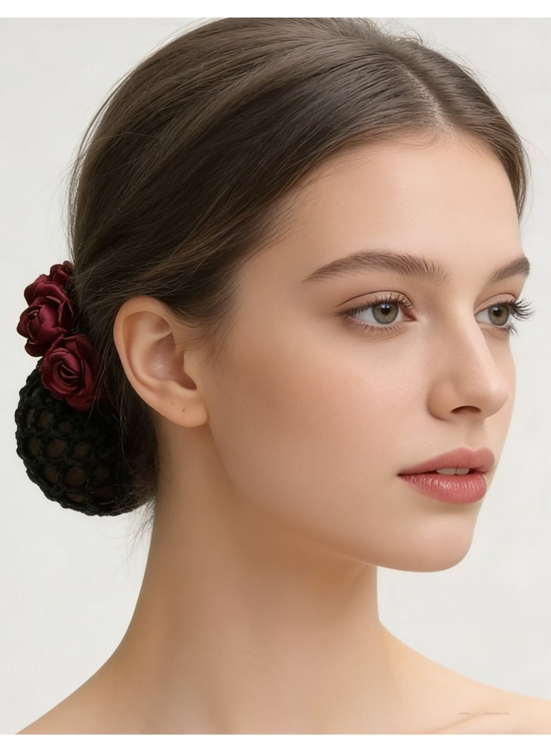 LLASIDO 4 pcs Elegant Rose Hair Bun Net with Floral Headpiece - Image 3