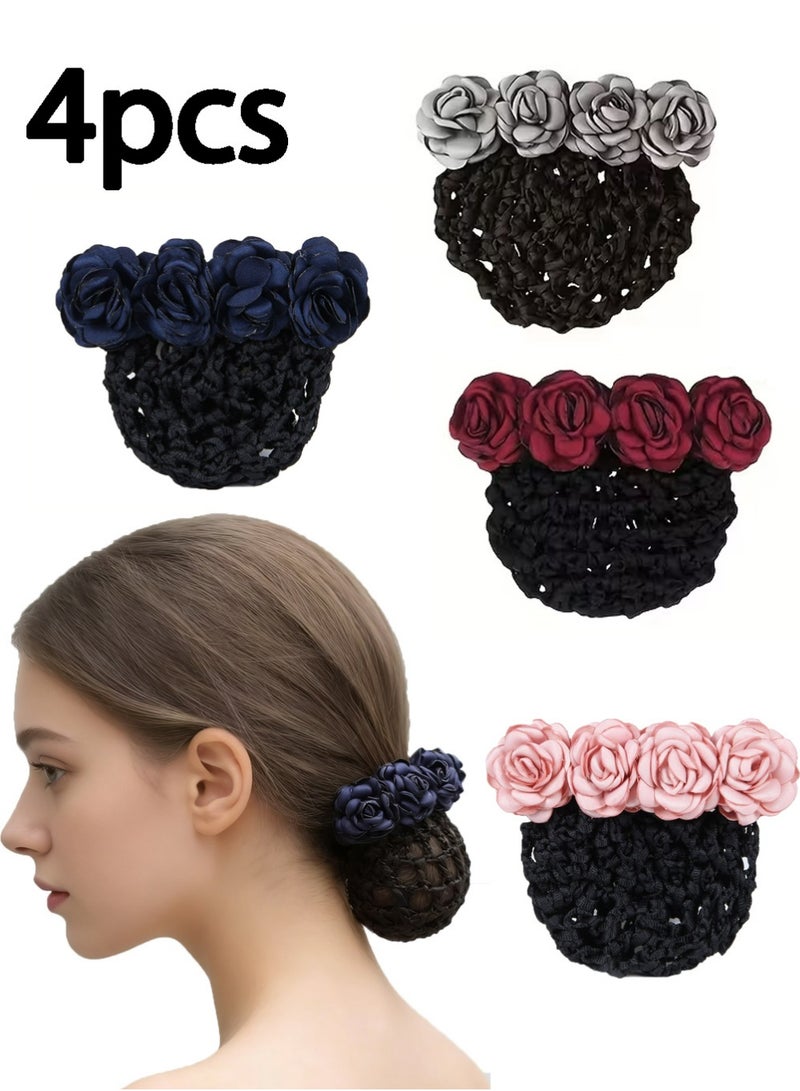LLASIDO 4 pcs Elegant Rose Hair Bun Net with Floral Headpiece - Image 1