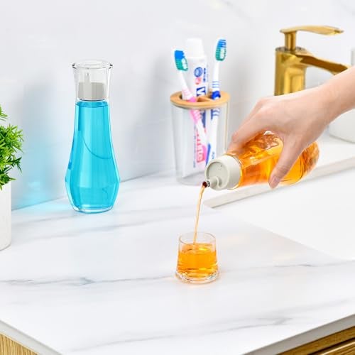 VITVITI Glass Mouthwash Dispenser for Bathroom, 8.8OZ Mouth Wash Container Bottle with Lid Cup, Small Clear Refillable Mouthwash Dispenser Decanter for Countertop, Set of 2 - Image 3