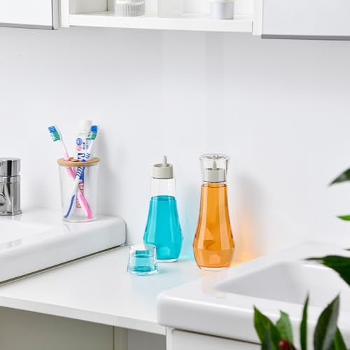 VITVITI Glass Mouthwash Dispenser for Bathroom, 8.8OZ Mouth Wash Container Bottle with Lid Cup, Small Clear Refillable Mouthwash Dispenser Decanter for Countertop, Set of 2 - Image 2