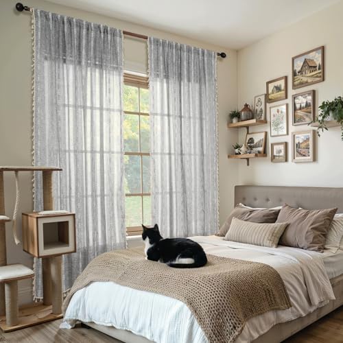 ColorBird Grey Curtains for Living Room 2 Panels Set, Linen Curtains 84 Inches Long, Boho Bedroom Room Darkening Curtains & Drapes, Embroidered Window Curtains for Dining Door Nursery Office - Image 4