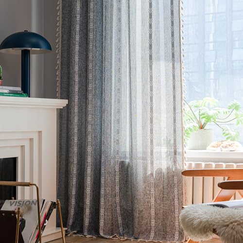 ColorBird Grey Curtains for Living Room 2 Panels Set, Linen Curtains 84 Inches Long, Boho Bedroom Room Darkening Curtains & Drapes, Embroidered Window Curtains for Dining Door Nursery Office - Image 2
