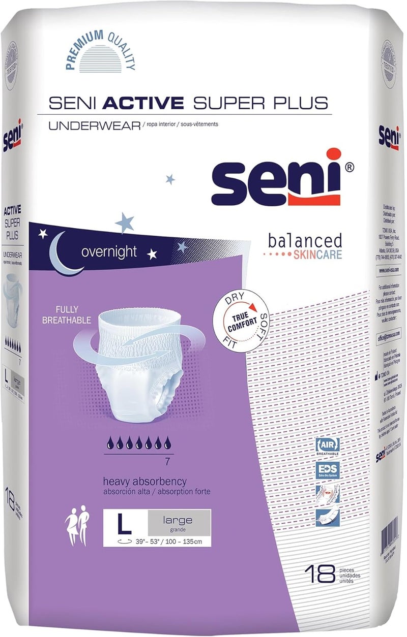 SENI Active Super Plus Unisex Adult Incontinence Underwear Size Large 3953 72 Count 4 Packs of 18 Heavy Absorbency Pull On Disposable Overnight Underwear for Men Women - Image 1