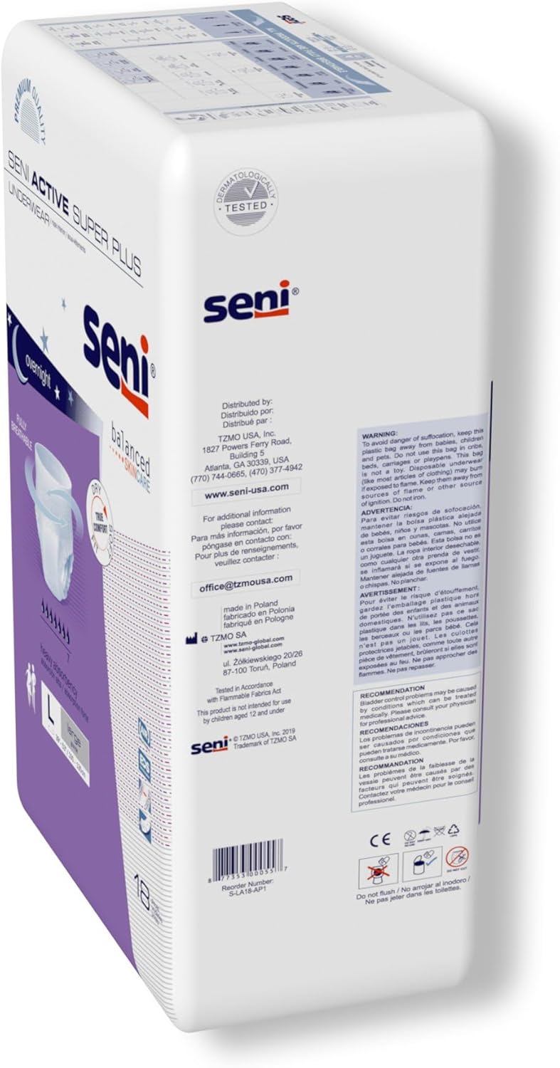 SENI Active Super Plus Unisex Adult Incontinence Underwear Size Large 3953 72 Count 4 Packs of 18 Heavy Absorbency Pull On Disposable Overnight Underwear for Men Women - Image 5