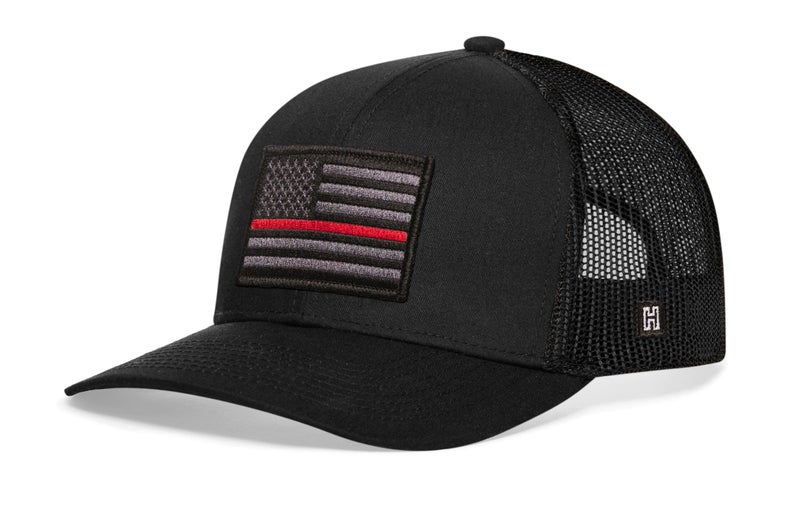 HAKA Thin Red Line Flag Black Trucker Hat – Tactical USA Flag Mesh Snapback Cap for Men, Women & Golf, Patriotic Baseball Dad Hat - Image 2