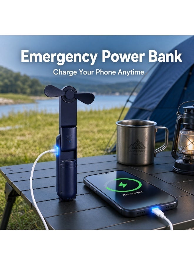 Portable Foldable Handheld Fan with Emergency Power Bank, 3-Speed USB Rechargeable Mini Fan, Compact Pocket Fan with Lanyard for Travel Commuting Outdoor Camping - Image 2