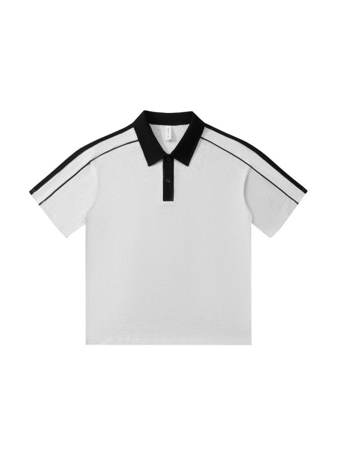 Slim Fit Cotton Loose Shoulder Polo Shirt Striped Color Block Short Sleeve Turn Collar Work Uniform School Unifo - Image 1