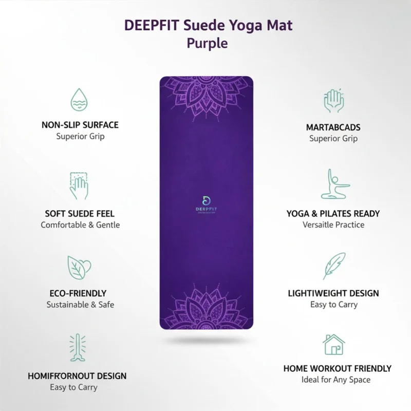 DEEPFIT Suede Yoga Mat, Exercise Mat for Yoga, Pilates, Stretching & Home Workout, Non Slip Exercise Fitness Mat with Soft Suede Surface for Men & Women, Eco-Friendly Fitness & Exercise Mat