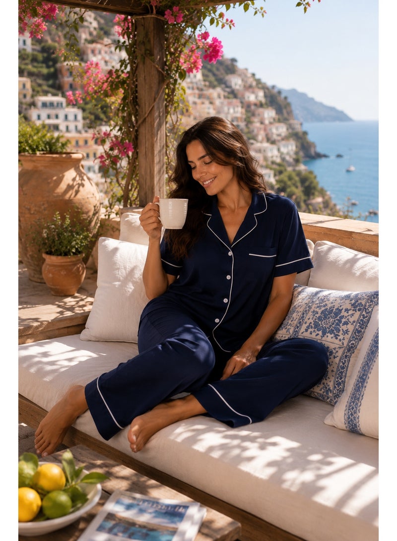 Elegant Classic PJ Pants Cotton Wide Leg - Plain Navy - Image 4