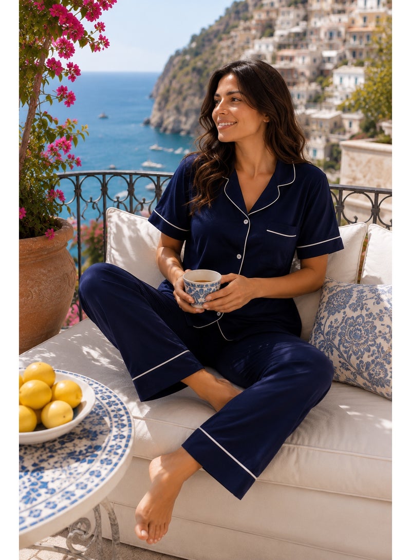 Elegant Classic PJ Pants Cotton Wide Leg - Plain Navy - Image 2
