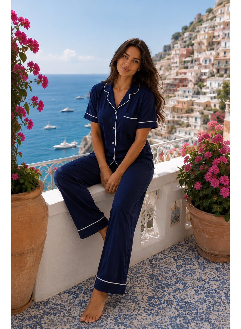 Elegant Classic PJ Pants Cotton Wide Leg - Plain Navy - Image 1