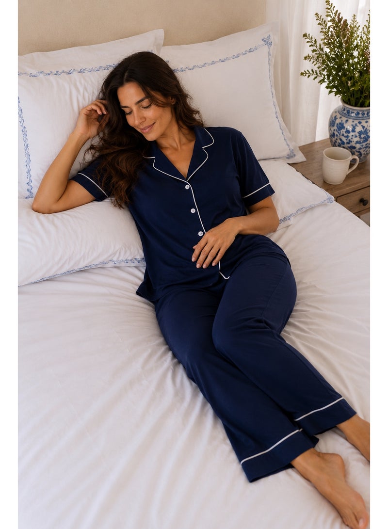 Elegant Classic PJ Pants Cotton Wide Leg - Plain Navy - Image 3