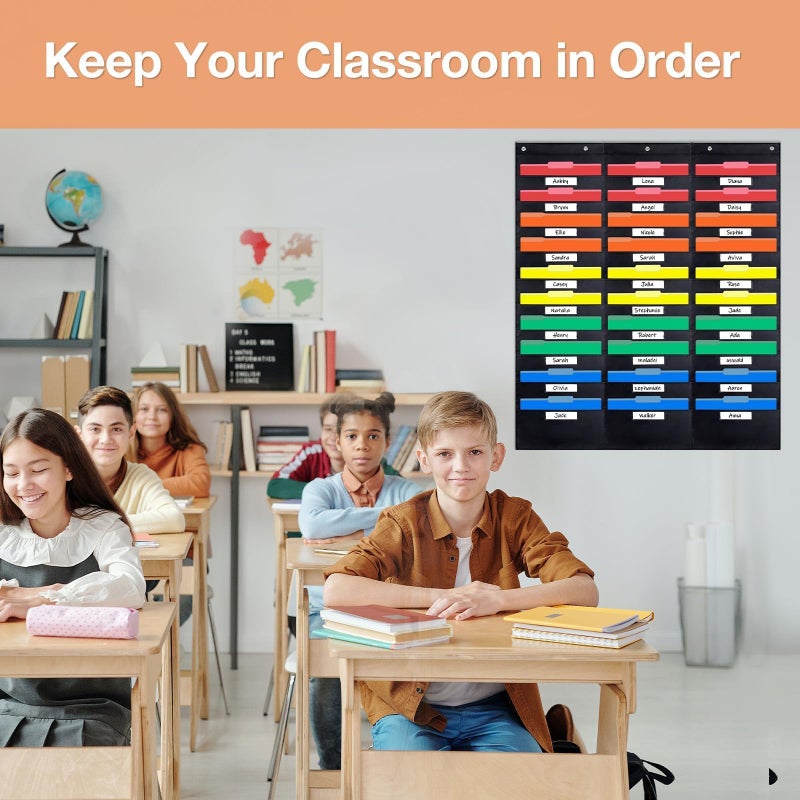 Opret 30 Pockets Storage Pocket Chart with 30 Nametag Pockets, Hanging Wall File Organizer for File Folders with 5 Hangers for Classroom, Office, School Mailbox Organizer and Home (Black) - Image 5