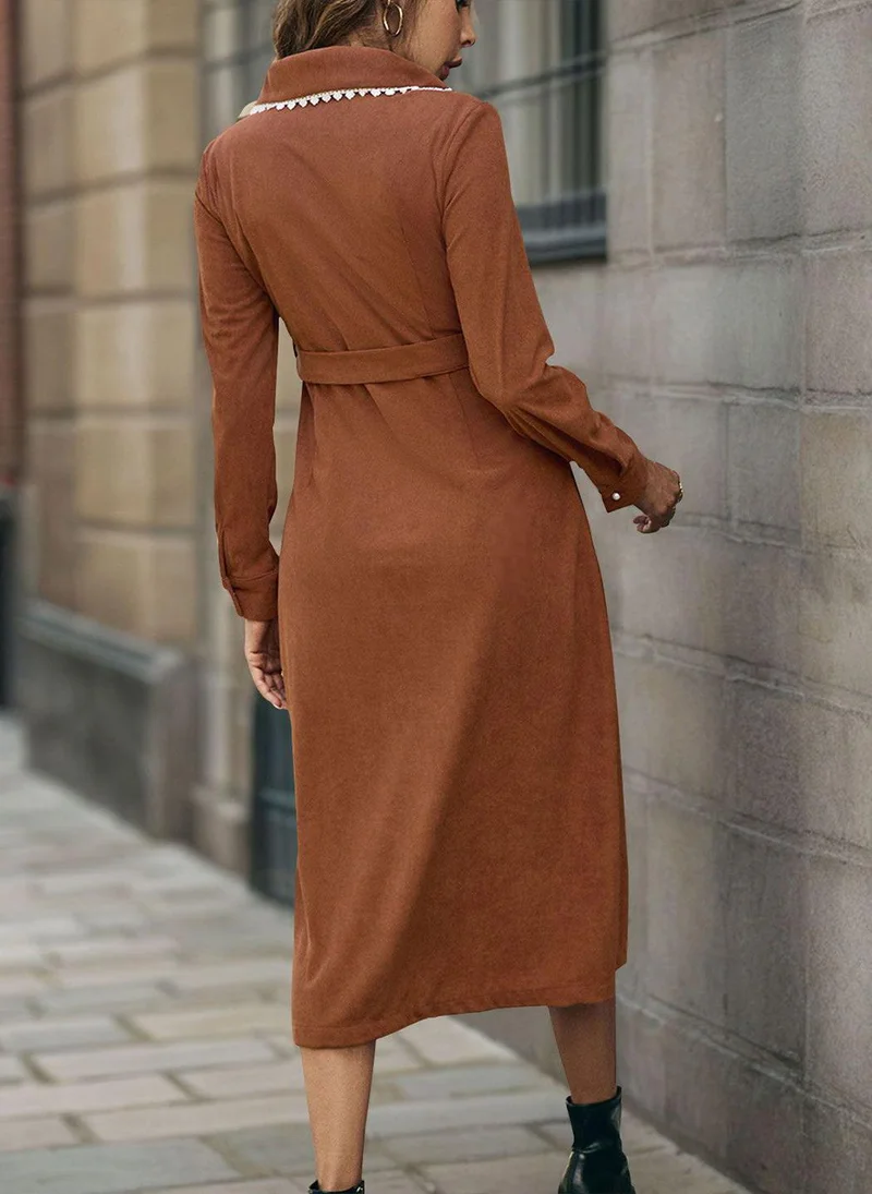 يونيكي Brown Shirt Collar A-Line Solid Dress