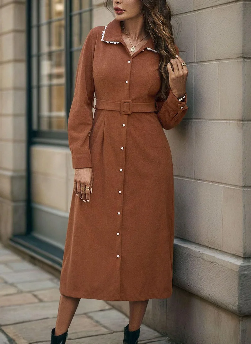 يونيكي Brown Shirt Collar A-Line Solid Dress