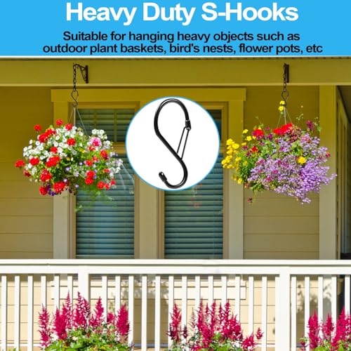 Dreecy S Hooks for Hanging Plants, 4 Inch Lager Heavy Duty S Hooks with Safety Buckle & Stopper Non Slip, 10 Pack Black Metal Closet S Hook for Hanging Clothes, Kitchen Utensil, Jeans, Curtains, Towels, Bag - Image 3