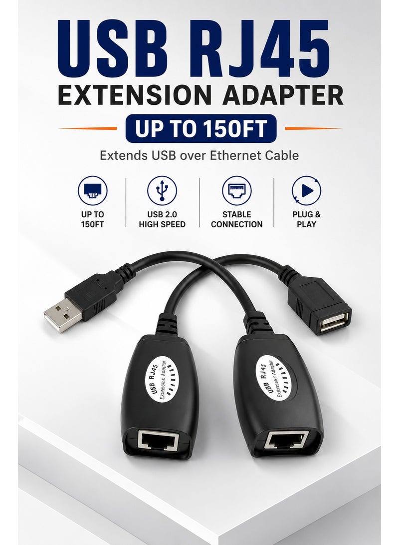 USB RJ45 Extension Adapter Set – Extend USB Over Ethernet Cable Up to 150FT, Male to Female, Plug & Play for Printers, Cameras, Keyboards & More - Image 1