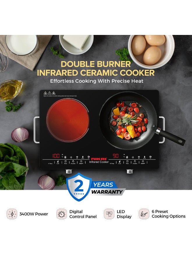 NIKAI Double Burner Infrared Cooker with Touch Control, Overheat Protection, LED Display, 6 Preset Cooking Options, Timer, 3400W - NIC303A NIC303A Silver - Image 2