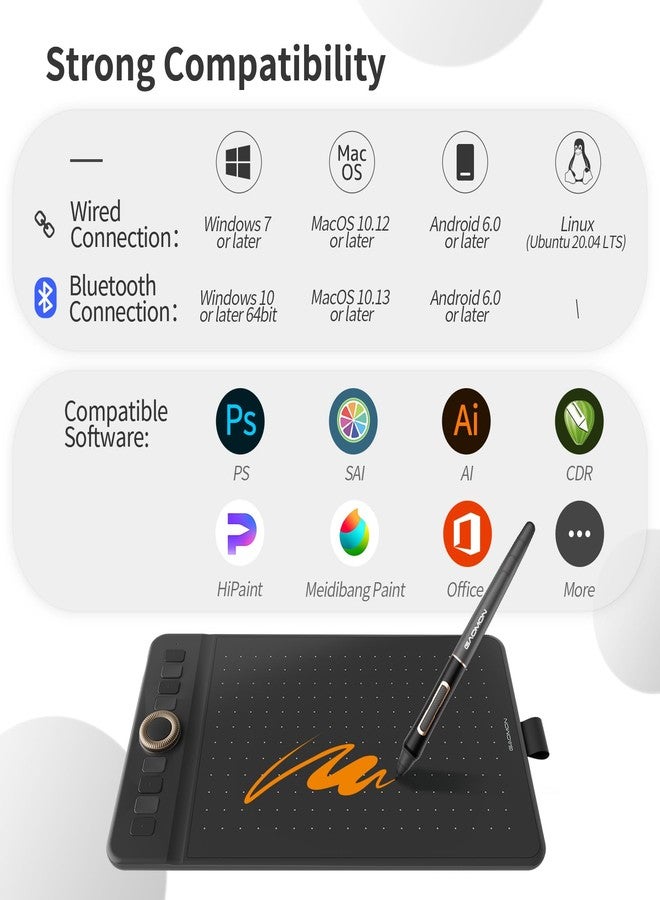 GAOMON Bluetooth Drawing Tablet WH851 8 x 5 inches Graphics Tablet, Digital Art Tablet Supports 16384 Levels, Intuitive Dial with 8 Shortcut Keys, Type-C Port, Work with Windows & Android & Mac - Image 4